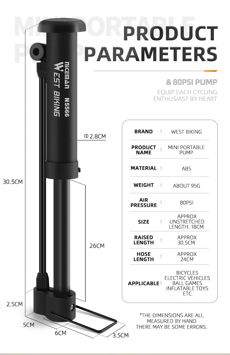 80 PSI Manual Bike Pump – Portable Schrader Valve Inflator