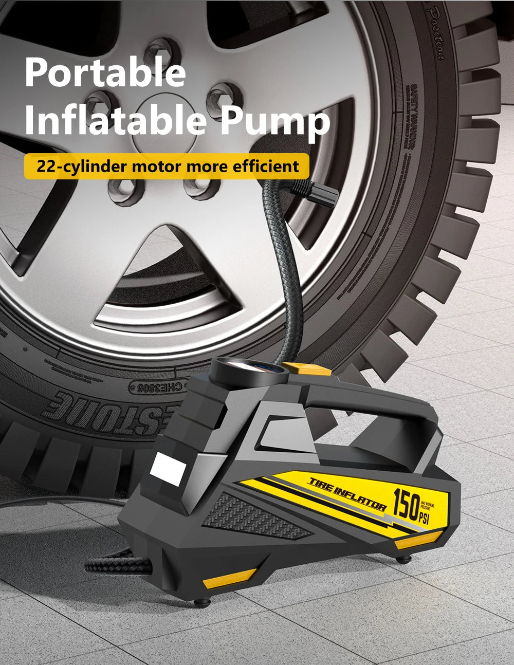 Corded Car Air Pump – 12V 150PSI Tire Inflator with LED
