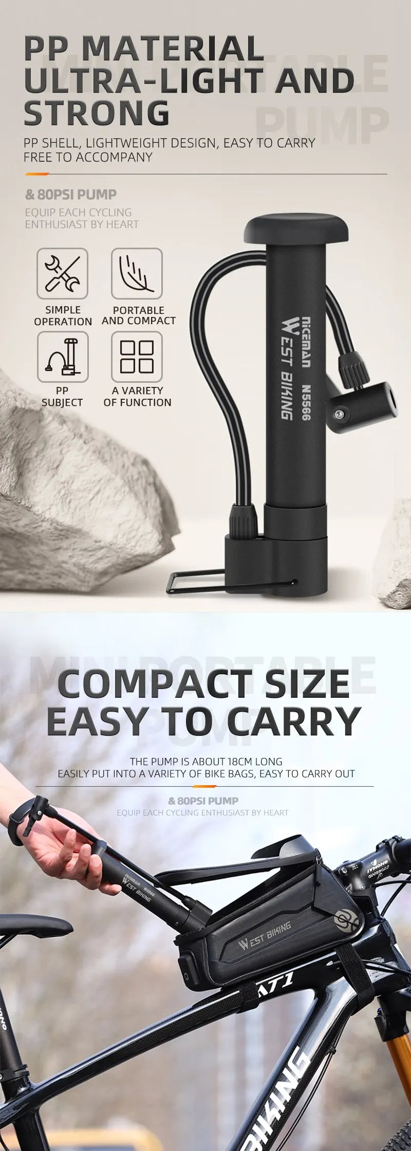 80 PSI Manual Bike Pump – Portable Schrader Valve Inflator